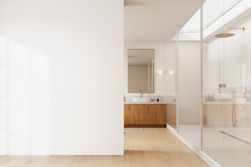 Modern home bathroom interior with sink and glass shower. Mockup wall