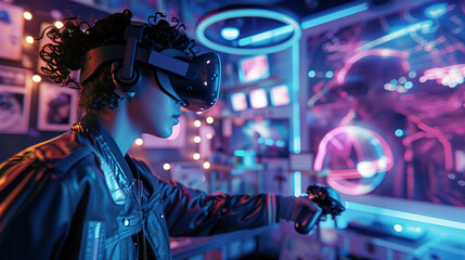 Immersive Virtual Reality Gaming: Futuristic High-Tech Experience with VR Headset and Controllers.