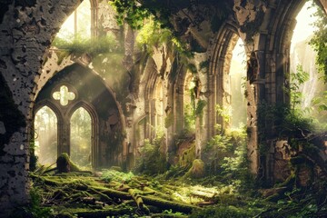 Fototapeta premium Forgotten Sanctuary: An Overgrown Gothic Ruin