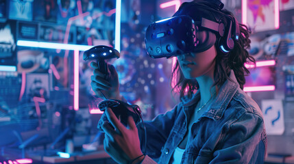 Immersive Virtual Reality Gaming: Futuristic High-Tech Experience with VR Headset and Controllers.