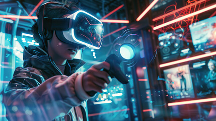 Immersive Virtual Reality Gaming: Futuristic High-Tech Experience with VR Headset and Controllers.