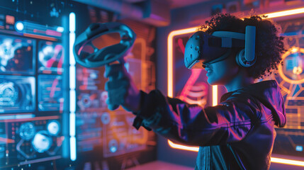 Immersive Virtual Reality Gaming: Futuristic High-Tech Experience with VR Headset and Controllers.