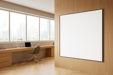 Wooden home office room interior with desk and laptop, window. Mockup frame