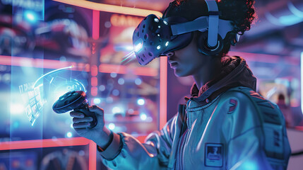 Immersive Virtual Reality Gaming: Futuristic High-Tech Experience with VR Headset and Controllers.