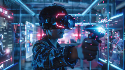 Immersive Virtual Reality Gaming: Futuristic High-Tech Experience with VR Headset and Controllers.