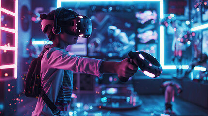 Immersive Virtual Reality Gaming: Futuristic High-Tech Experience with VR Headset and Controllers.