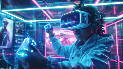 Immersive Virtual Reality Gaming: Futuristic High-Tech Experience with VR Headset and Controllers.