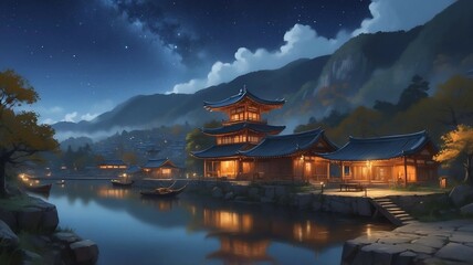 Obraz premium Tranquil Night Scene of Traditional Asian Village by the River