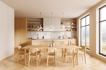 Wooden home kitchen interior with dinner table, bar island and panoramic window