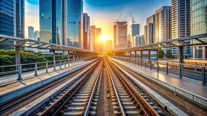 Obraz premium Urban landscape with railway tracks, worn shoes of absent commuters, and blurred train in the background, symbolizing daily routine.
