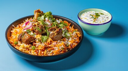 Exquisite Lamb Biryani and Raita Platter on Elegant Blue Background with Soft Lighting
