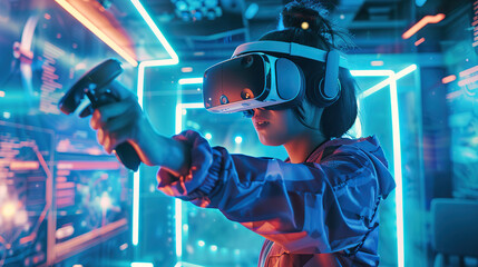 Immersive Virtual Reality Gaming: Futuristic High-Tech Experience with VR Headset and Controllers.