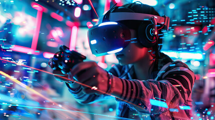 Immersive Virtual Reality Gaming: Futuristic High-Tech Experience with VR Headset and Controllers.