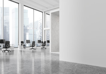 Wide open office space with modern desks and chairs, large windows overlook cityscape, minimalist white and gray interior concept. 3D Rendering