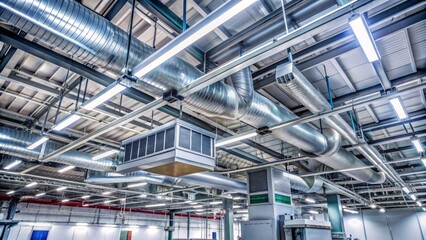Large commercial ceiling-mounted ventilator unit installed in modern industrial facility for air circulation and climate control purposes only.