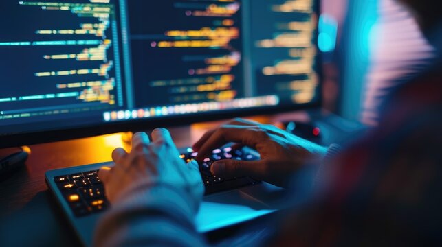 Close-up of a programmer's hands typing on a backlit keyboard, with lines of code displayed across multiple computer screens. AIG41