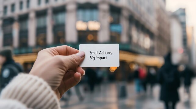 Hand holding a card with the text 'Small Actions, Big Impact' in an urban setting with blurred city background.