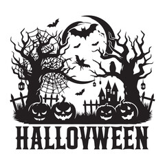 Spooky Halloween scene with pumpkins, bats, and a cemetery