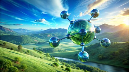 Innovative zero-emission hydrogen energy concept represented by a glowing H2 molecule in a green environment with sustainable futuristic theme.