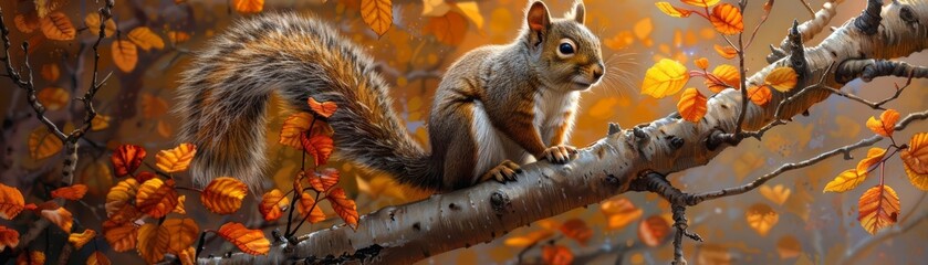 Fototapeta premium A detailed shot of a squirrel perched on a tree branch, surrounded by vibrant autumn foliage, high detail