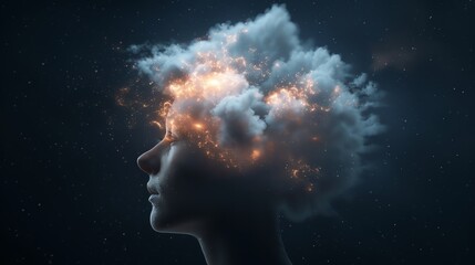 Obraz premium Silhouette of a human profile with clouds and glowing lights in place of the head, representing creativity and imagination.