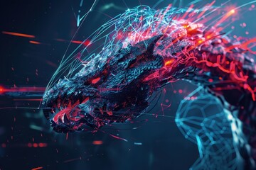 Futuristic dragon composed of digital elements and neon lights, showcasing an intricate, cybernetic design against a dark background.