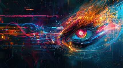 Futuristic digital art showcasing a detailed, vibrant eye amidst a blend of neon colors, representing technology and cybernetic themes.