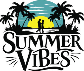 Vector Art of Summer Vibes with Beach and Sun Icons, Colorful Summer Vibes Design for Seasonal Projects