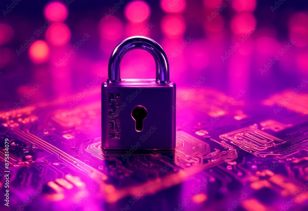 Poster security background neon padlock created concept cyber purple board ai circuit technology computer w