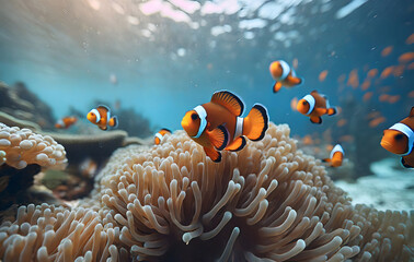 Obraz premium clown fish coral reef - macro underwater scene, view of coral fish, underwater diving. Generative AI.