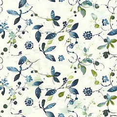 Detailed Nature-Themed Floral Grid Pattern with Blue, Green, and Pink Flowers