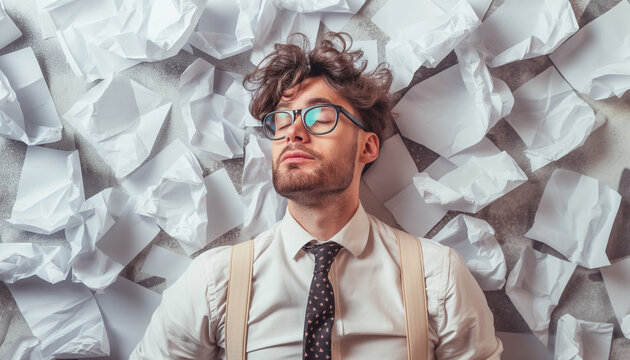 Man in a white shirt and tie, with messy hair and glasses, lying on a pile of crumpled paper, overwhelmed and exhausted expression, office setting