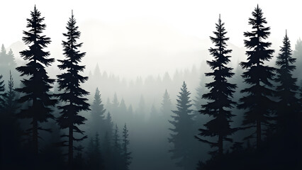 Fototapeta premium A foggy monochrome pine forest, illustrated in a flat style, tall trees shrouded in mist, varying 