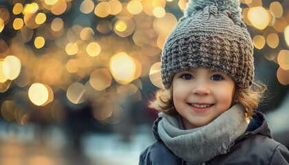 Smiling child wearing a grey winter hat and scarf, with a festive background of warm bokeh lights, capturing the joy and warmth of the holiday season