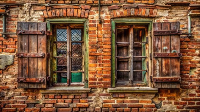 Vividly lit, deteriorated brick fa?ade with old wooden window frames, cracked glass, and worn stone sills, evoking nostalgia.