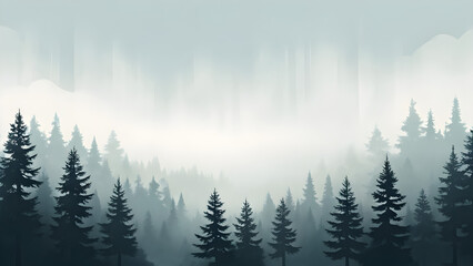 Fototapeta premium A foggy monochrome pine forest, illustrated in a flat style, tall trees shrouded in mist, varying 