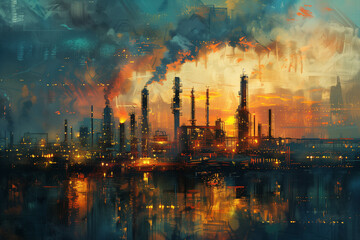 Obraz premium Graphic of cloud technology overlay on huge oil and gas refinery in modern theme.