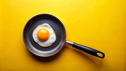 Golden yolk glistens amidst crisp whites, sizzling in a sleek, non-stick pan, nestled on a vibrant yellow background, awaiting garnish.