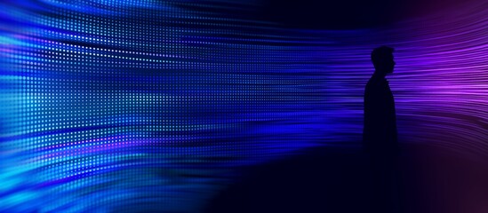 Silhouette of a man against flowing digital waves of blue and purple