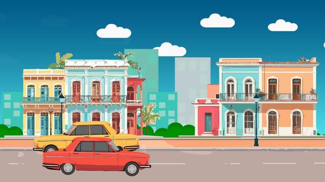 Charming vector animation of a retro Cuban street scene with red car passing blue and yellow cars driving under a cloudy blue sky. Perfect for historical and cultural projects, travel documentaries, a