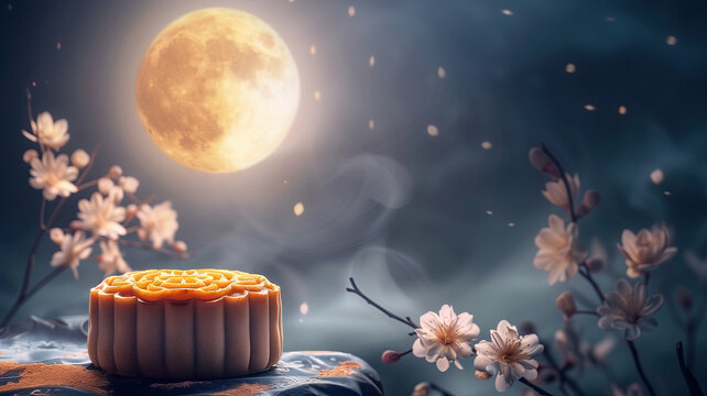 Beautiful mooncake with full moon and flowers with copy space