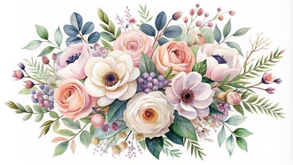 Delicate vector floral bouquet arrangement featuring pastel pink, peach, lavender, and cream roses, anemone, eucalyptus leaves, and berries on a soft background.