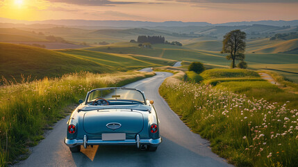 A vintage convertible car driving down a winding road through lush, green countryside at sunset.

