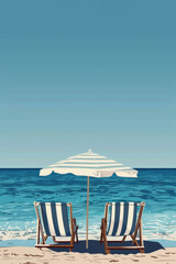 Fototapeta premium Relaxing Beach Scene with Striped Umbrella and Chairs