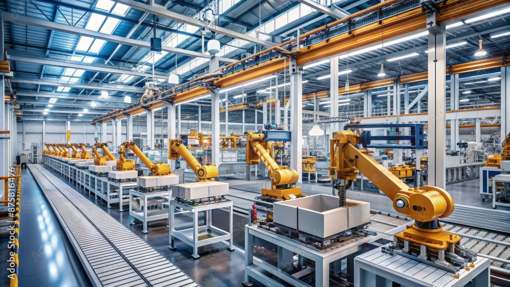 Poster modern industrial factory interior showing automated ai-powered robots and robotic arms efficiently 