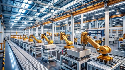 Modern industrial factory interior showing automated AI-powered robots and robotic arms efficiently assembling products on conveyor belts.