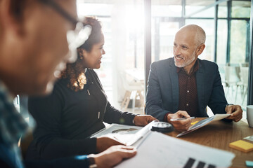 Paperwork, woman or mature businessman in meeting for budget strategy, stats or revenue documents....