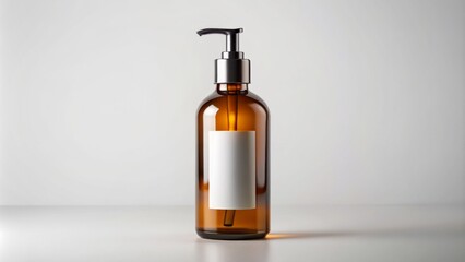 Luxurious amber glass pump bottle with sleek design and transparent label on a clean, minimalist, white background, ready for branding.