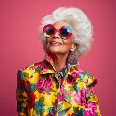 An elderly woman with white hair wearing vibrant, colorful clothing and large round sunglasses, smiling against a pink background.