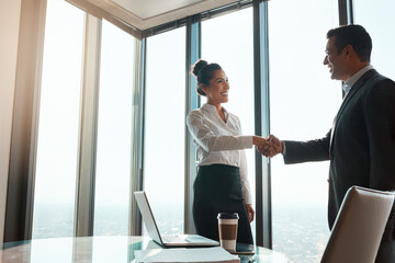 Handshake, team and business people in office with deal, merger or b2b corporate partnership. Meeting, welcome and finance banker shaking hands with investment client for agreement in workplace.